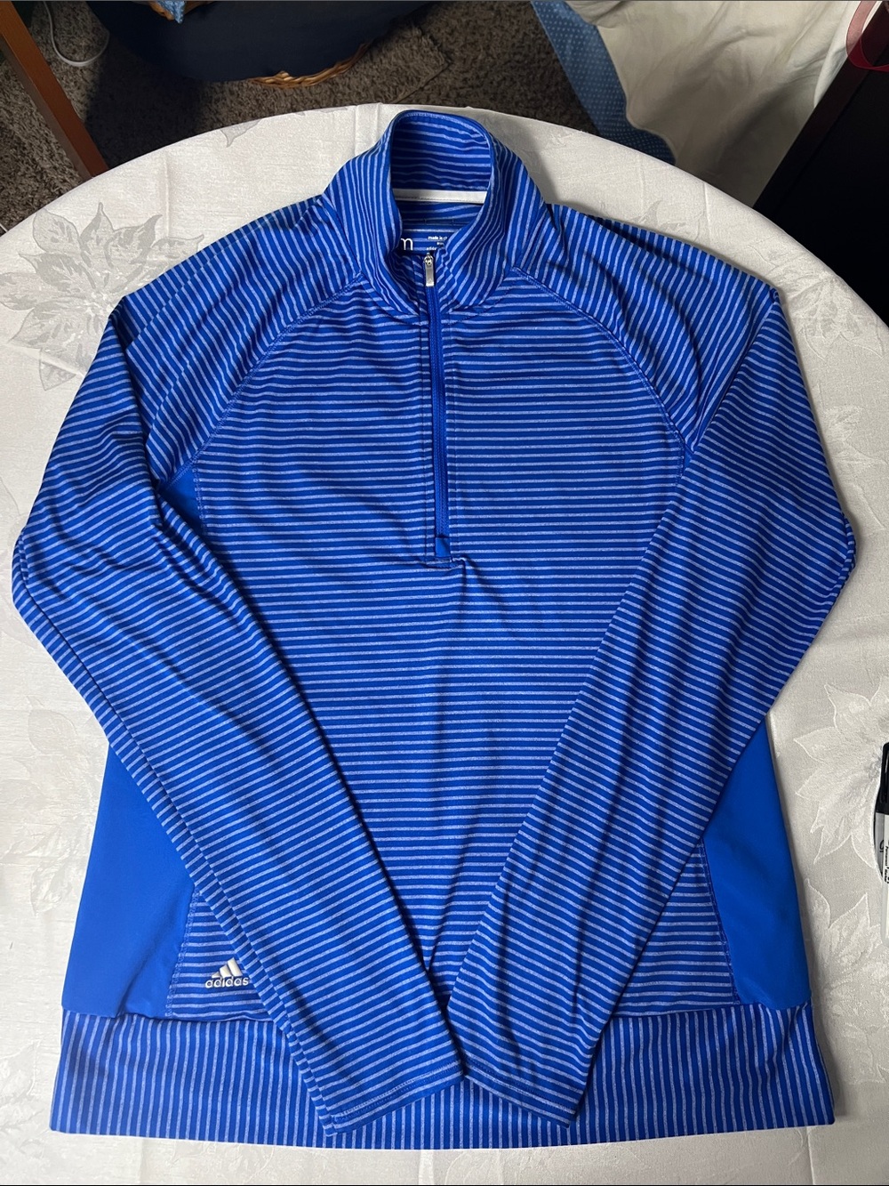 adidas Medium Blue Striped Quarter-Zip Performance Pullover Golf Wear